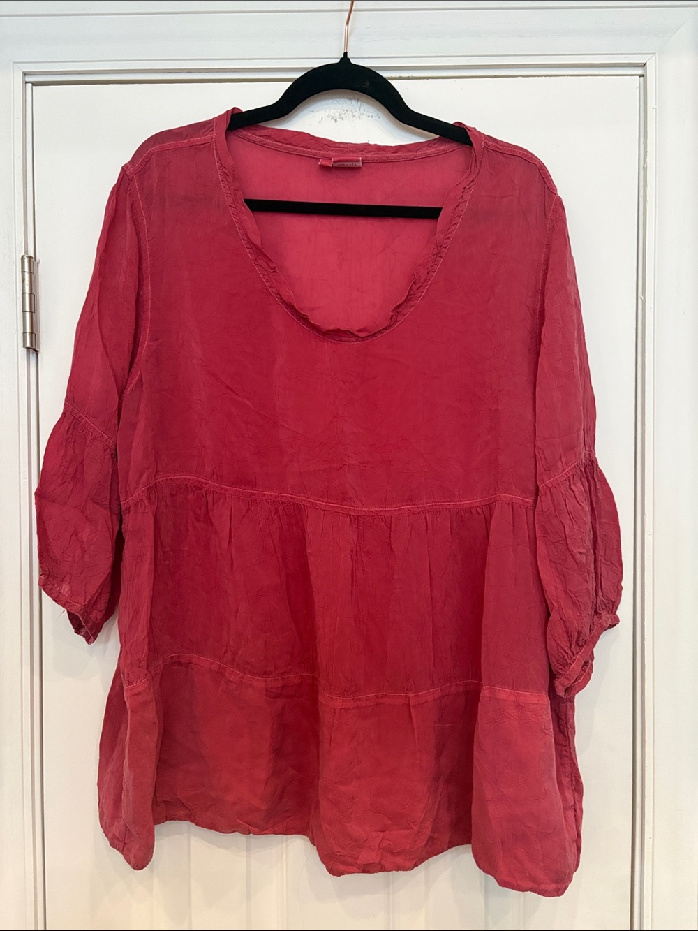 Tianello Shelby Babydoll Tiered Ruffle Tunic Top with Pockets!Deep Rose